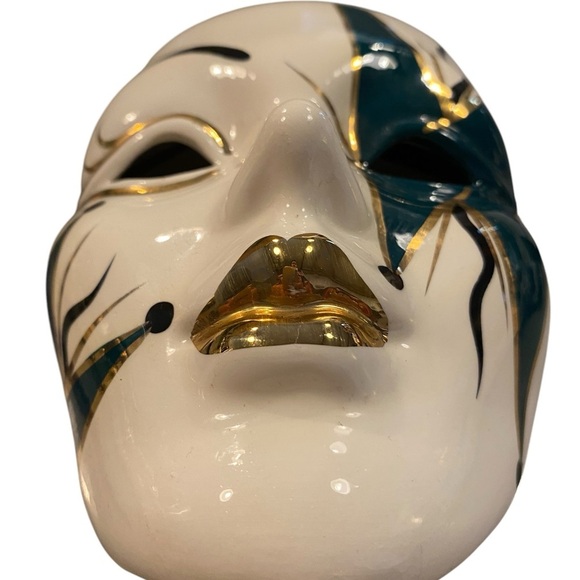 vintage 80s 90s venetian ceramic mask teal black and gold court jester decor - Picture 6 of 8
